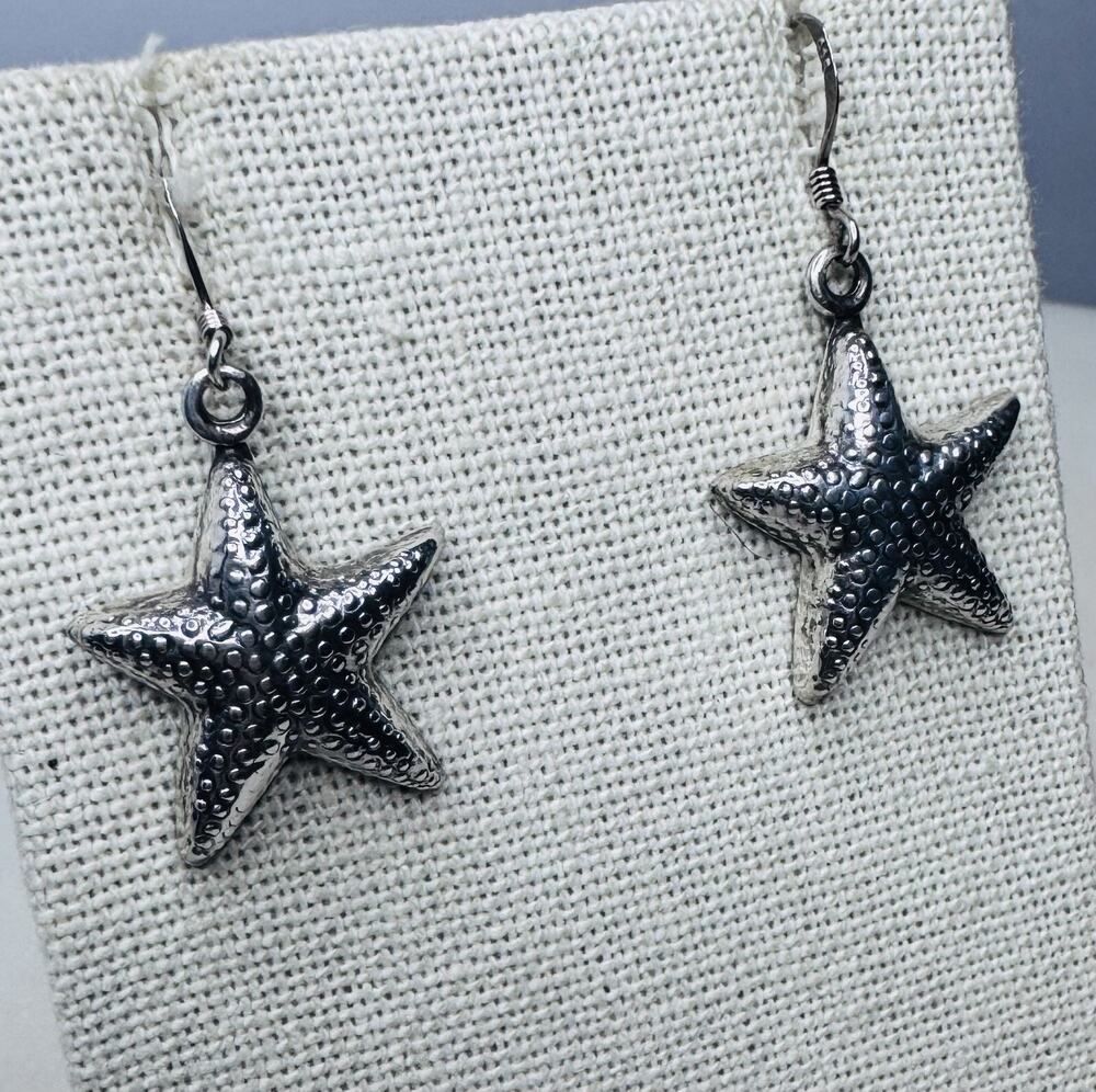Sterling Silver 925 Puffy Starfish Dangle Earrings Textured Finish
